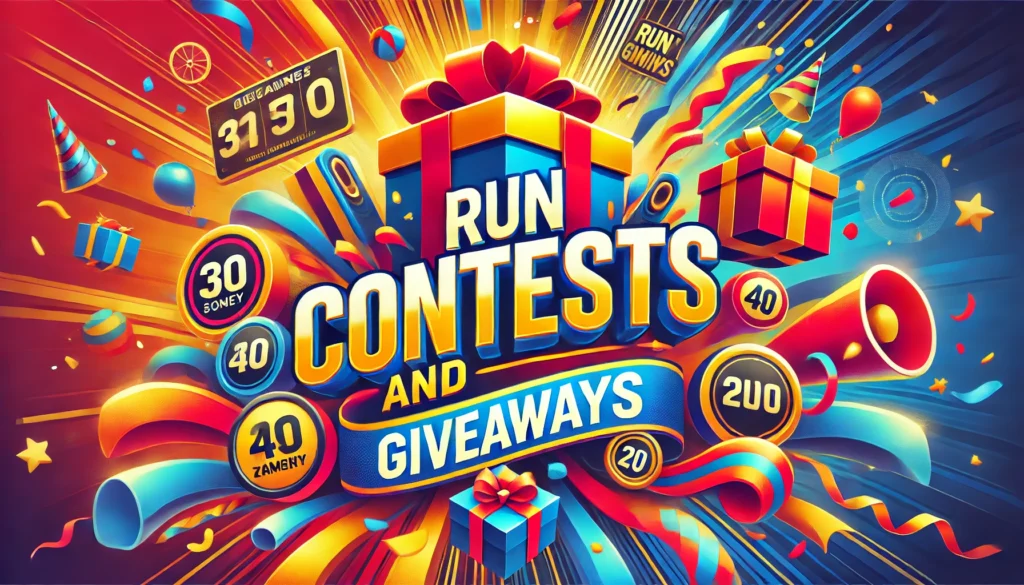 DALL·E A vibrant and exciting banner sized image that highlights the concept of running contests and giveaways The image features elements like a gift box