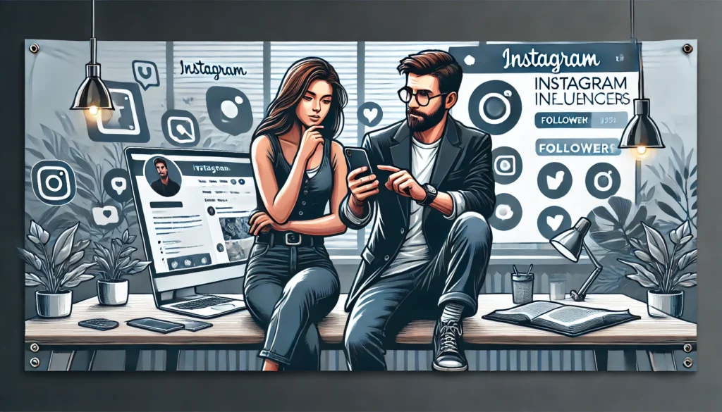 DALL·E A banner sized image depicting a man collaborating with an Instagram influencer The scene features the man dressed in business casual attire discus