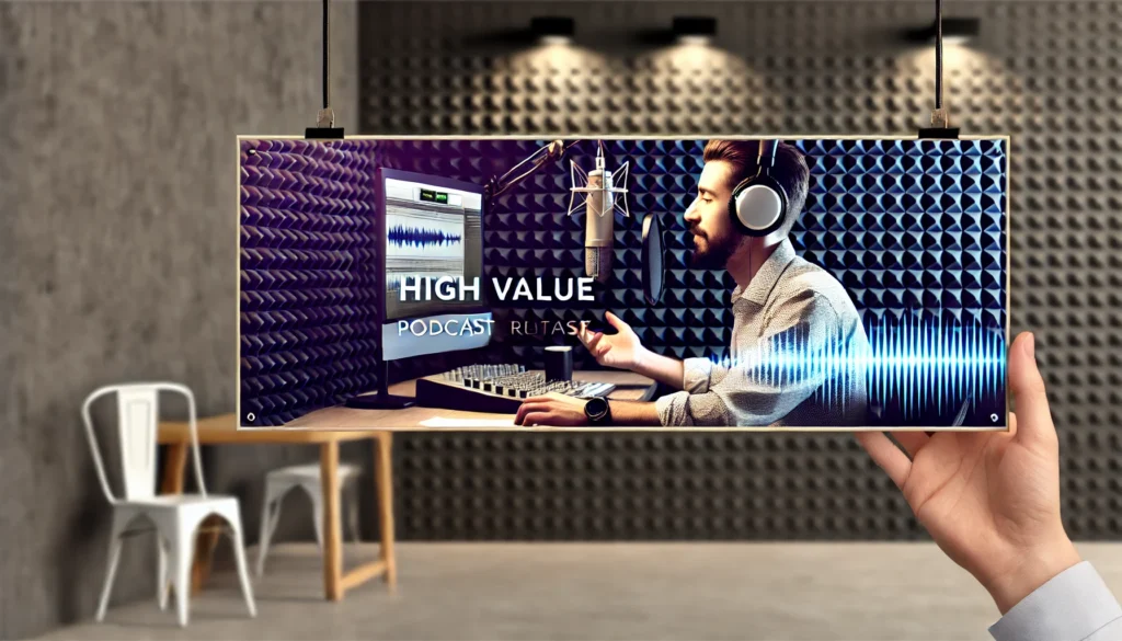 DALL·E A banner sized image depicting a man creating a high value podcast The man is seated in a professional podcast studio wearing headphones and speakin