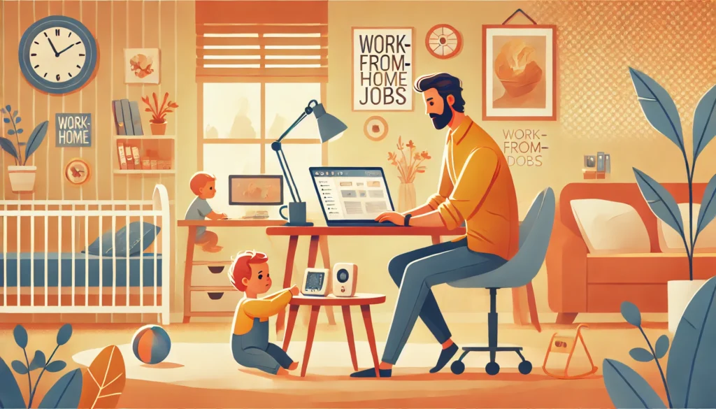 DALL·E A banner sized image that represents work from home jobs for moms and dads The scene features a cozy home office with a parent either a mom or dad