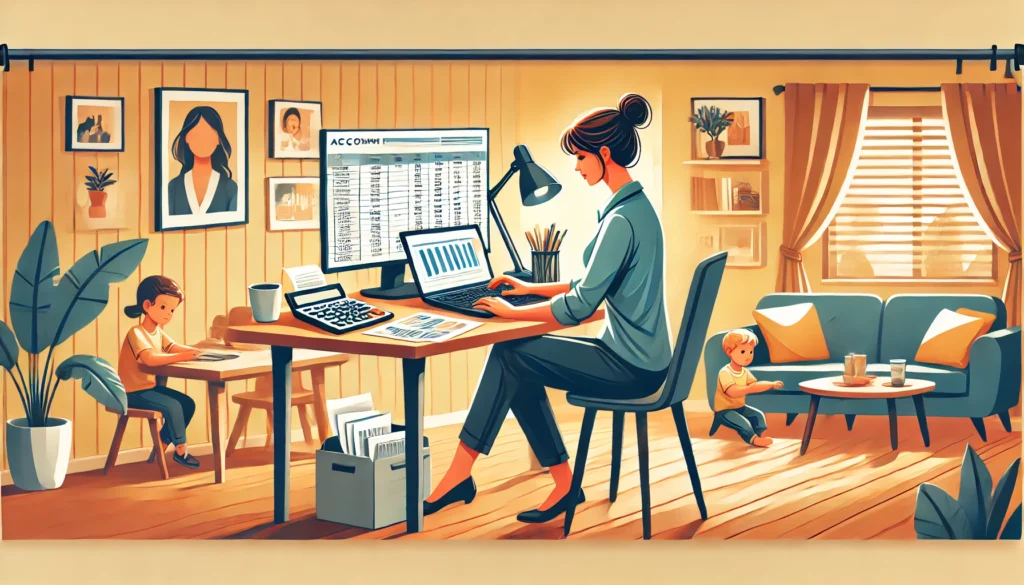 DALL·E A banner sized image depicting a mom working as an accounting clerk from home The scene features a mother seated at a desk in a cozy home office foc