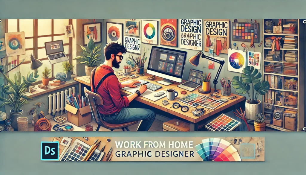 DALL·E A banner sized image depicting a work from home graphic designer The scene shows a creative workspace in a cozy home environment with a designer wor