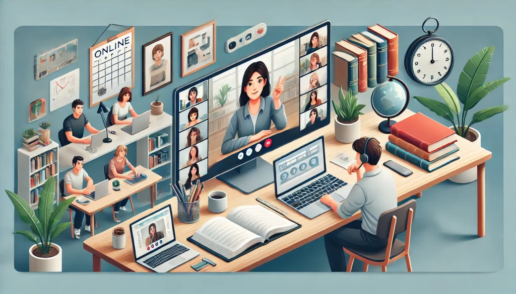 DALL·E A banner sized image depicting an online tutor working from home The scene shows a tutor possibly seated at a desk or in a comfortable chair conduc